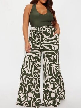 Fashion Nova Olive & Cream Abstract Wide Leg Tie-Waist Pants